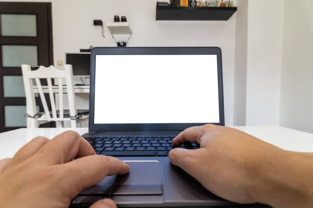 istock Low angle view of a person working on a laptop from home 1217623507
