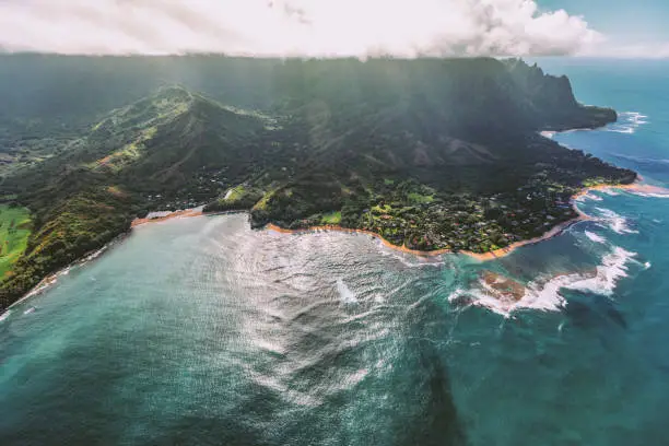 Aerial view of Na Pali Coast State Park Coastline in Kauai, Hawaii USA