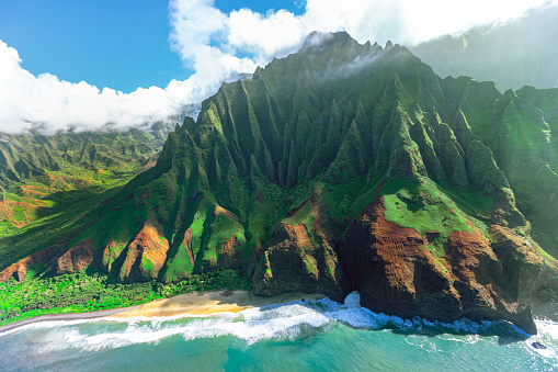 Aerial view of Na Pali Coastline and Kalalau beach in Kauai, Hawaii USA