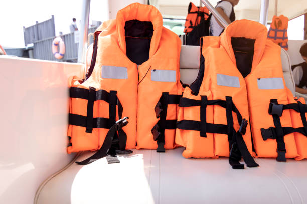 istock Life jacket prepare for tourism on speed boat. 1217625870