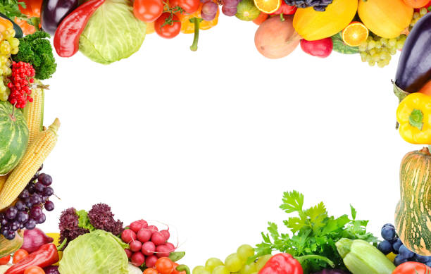 istock Frame of set vegetables and fruits on white background. Copy space. 1217625891