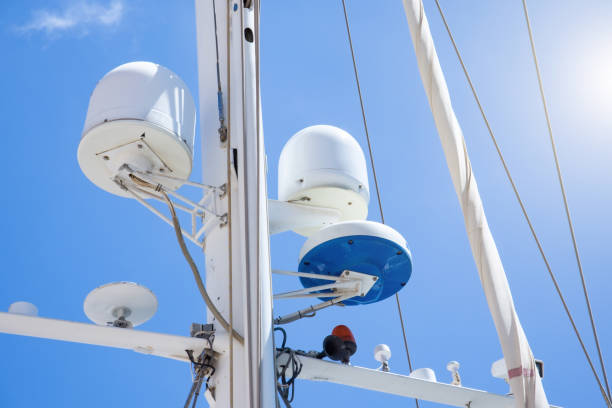 navigation antennas and equipment on the mast of a marine yacht. - sea safety antenna radar imagens e fotografias de stock