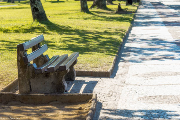Isolated and empty wooden bench on the boardwalk on sunny day - São Paulo - Brazil