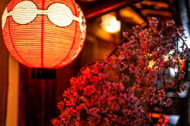 교토, 일본 골목의 화려한 거리, 밤에는 조명이 켜진 빨간 종이 랜턴 램프와 벚꽃 벚꽃 장식이 있습니다. - inn history built structure architecture 뉴스 사진 이미지