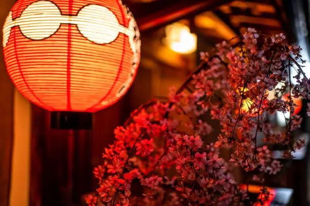 Photo of Kyoto, Japan alley colorful street in Gion district at night with closeup of illuminated red paper lantern lamp and cherry blossom sakura flowers decoration