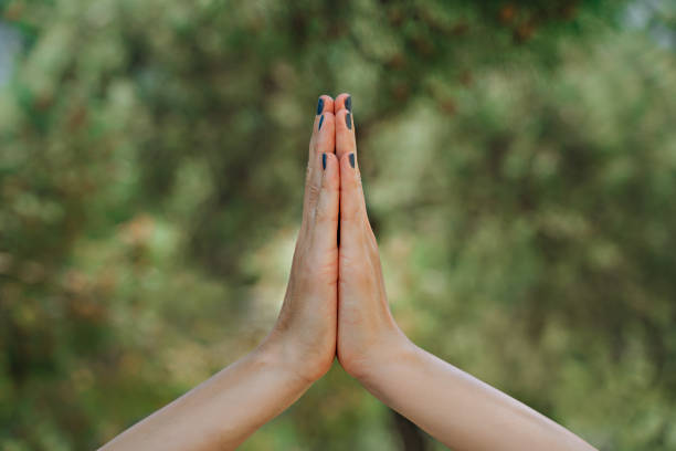 istock Female hands in yoga pose and green background 1217630985