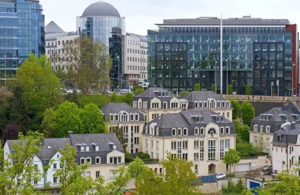 Panoramic view of Luxembourg City with its contrasting architecture - modern and traditional.