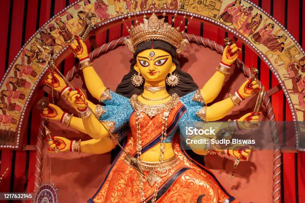 Goddess Durga Idol At Decorated Durga Puja Pandal Shot At Colored Light At Kolkata West Bengal India Durga Puja Is Biggest Religious Festival Of Hinduism And Is Now Celebrated Worldwide Stock Photo - Download Image Now