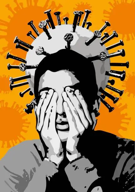 Vector illustration of Coronavirus - denial and fear - with orange texture background