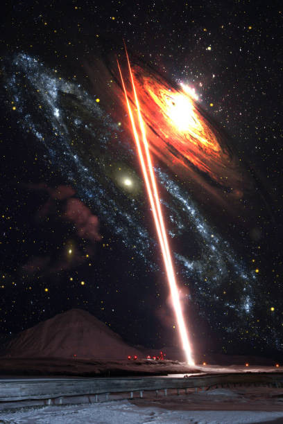 istock Creative launching rocket in starry dark sky exploration concept. Elements of this image furnished by NASA 1217634126