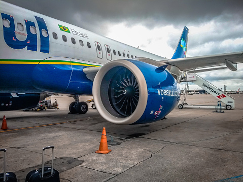 Guarulhos International Airport, Guarulhos, Sao Paulo - Brazil, January 13, 2020: Detail view of the CFMI LEAP-1A26 engine number one that equips the a320neo aircraft - left side - It does not say turbine, the correct one is an engine. The Airbus A320neo (registration: pr-yyg. The Aircraft was ex Avianca Brasil ex registration pr-obk) of the airline Azul Linhas Áereas parked at Terminal 1, Guarulhos International Airport (Icao: sbgr / Iata: gru), Guarulhos, Sao Paulo, Brazil.