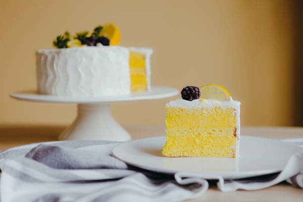 Fresh baked homemade organic lemon cake on the white plate. Selective focus on the front part of cake. Concept of home cooking