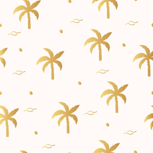 ręcznie rysowane złote tropikalne sylwetki drzew bez szwu. złoty liść palmowy botaniczne tło. wektor izolowane ilustracji tropik tekstury tekstylnej. - pattern coconut palm tree frond textile stock illustrations