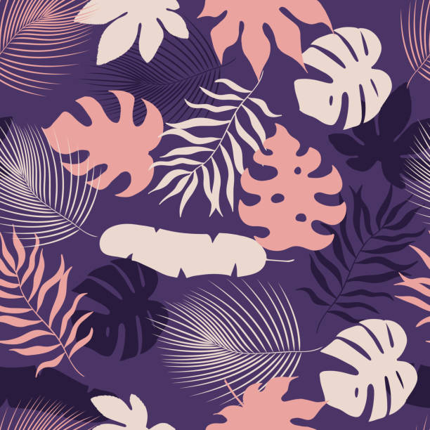 ręcznie rysowane liście tropikalne bez szwu wzór. kolorowe egzotyczne tło. wektor izolowane liści tapety ilustracji. fioletowa tekstura do pakowania papieru lub tekstyliów. - pattern coconut palm tree frond textile stock illustrations