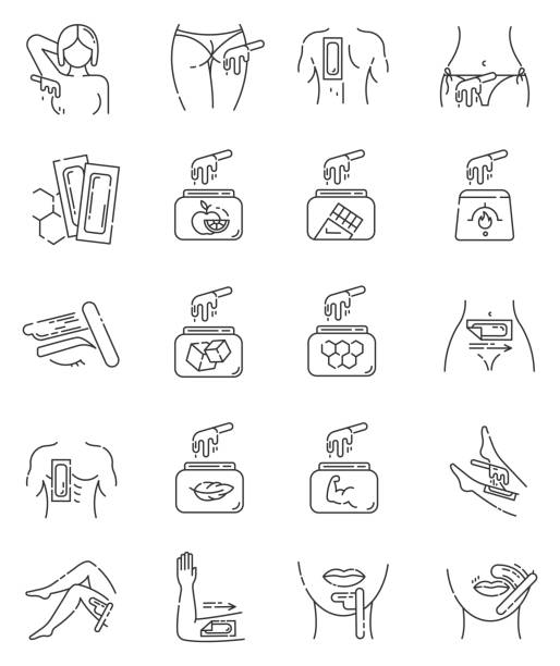 Waxing linear icons set. Female, male hair removal procedure. Cold, hot wax in jar with spatula. Depilation equipment. Thin line contour symbols. Isolated vector outline illustrations. Editable stroke Waxing linear icons set. Female, male hair removal procedure. Cold, hot wax in jar with spatula. Depilation equipment. Thin line contour symbols. Isolated vector outline illustrations. Editable stroke wax stock illustrations