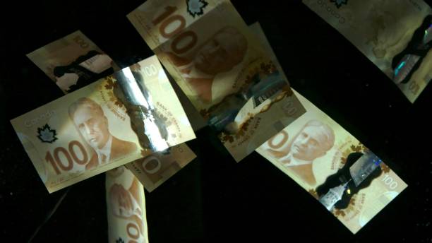 Falling flying american canadian dollar banknotes on a black background. High quality falling Dollar banknotes