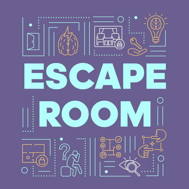 escape room fioletowy słowo pojęcia banner. rozwiązywanie problemów, prezentacja tajemnic, strona internetowa. gry strategiczne, quest izolowane typografii literowej pomysł z liniowych ikon. ilustracja konturu wektora - escape from it all obrazy stock illustrations