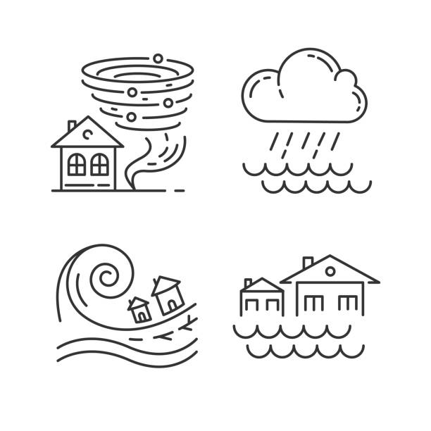 naturkatastrophe narene symbole gesetzt. globale klimaveränderungen gefahr. tornado, flut, regen, tsunami. dünne linienkontursymbole. isolierte vektorumriss-illustrationen. bearbeitbarer strich - when it rains it pours stock-grafiken, -clipart, -cartoons und -symbole