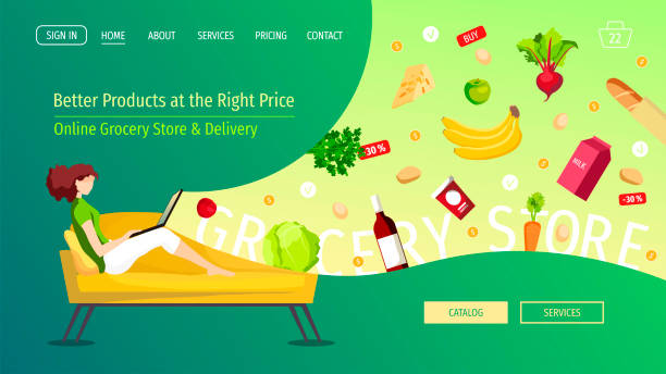 Website design template for Grocery store, Shopping, Online Market, Home delivery. Young woman sitting on the sofa and ordering food. Website design template for Grocery store, Shopping, Online Market, Home delivery. Young woman sitting on the sofa and ordering food. Vector illustration for poster, banner, website, commercial. banana seat stock illustrations