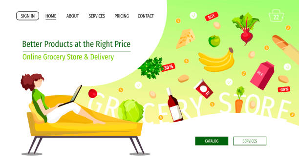 Web page design template for Grocery store, Online Market, Home delivery, Shopping. Young woman sitting on the sofa and ordering food. Web page design template for Grocery store, Online Market, Home delivery, Shopping. Young woman sitting on the sofa and ordering food. Vector illustration for poster, banner, website, commercial. banana seat stock illustrations