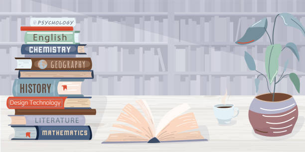 ilustrações de stock, clip art, desenhos animados e ícones de library vector background. pile books, open textbook, cup of coffee and plant locate on wooden table. the wall in the back side consists of bookshelves. graphic elements in trendy flat style - background book