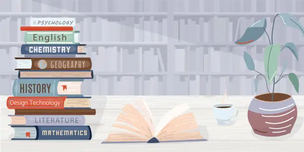 Vector illustration of Library vector background. Pile books, open textbook, cup of coffee and plant locate on wooden table. The wall in the back side consists of bookshelves. Graphic elements in trendy flat style