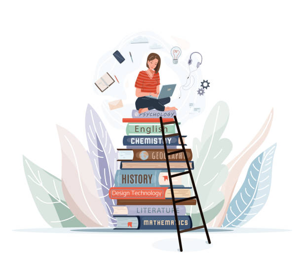 Girl sitting on pile of books with open laptop on her knees. Online library, study, e learning concept design. Vector illustration in trendy flat style isolated on white background Girl sitting on pile of books with open laptop on her knees. Online library, study, e learning concept design. Vector illustration in trendy flat style isolated on white background. girl climbing ladder stock illustrations