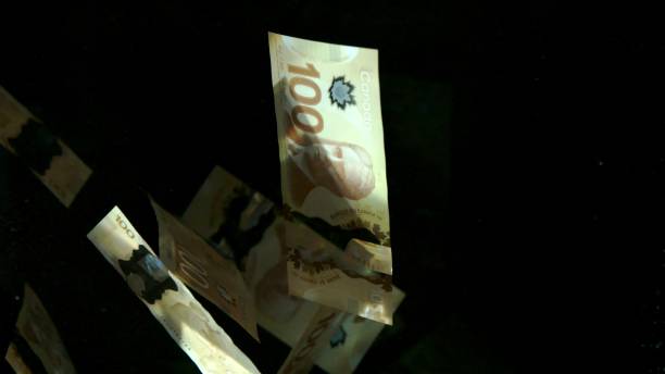 istock Falling flying american canadian dollar banknotes on a black background. High quality falling Dollar banknotes 1217643030