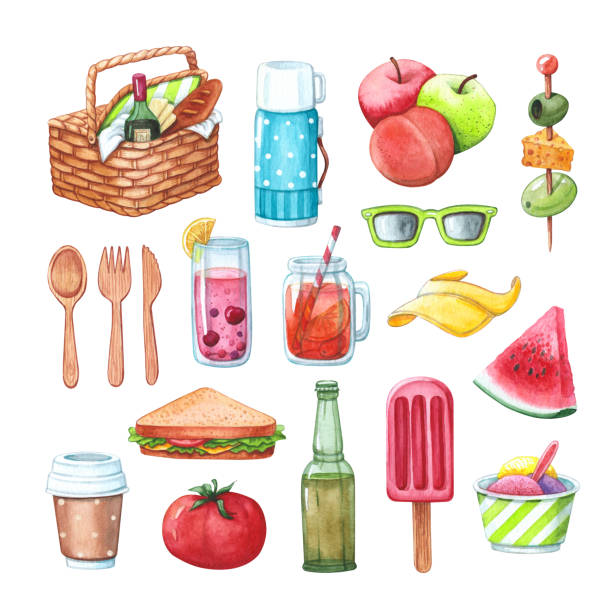 ilustrações, clipart, desenhos animados e ícones de conjunto de piquenique com comida, bebidas e talheres - basket apple wicker fruit