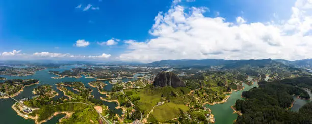 Aerial Panoramic view landscape of the Rock of Guatape, Piedra Del Penol, Colombia