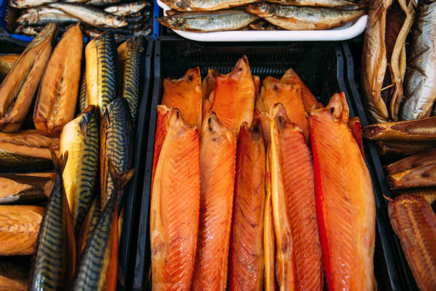 istock Close-up smoked fish on store shelves 1217645082