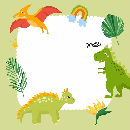 Ilustración de Bonito Marco Infantil Con Dinosaurio Arco Iris Y Hojas  Tropicales Tyrannosaurus Rex Pterodactyl Stegosaurus Baby Shower O Diseño  De Plantilla De Cumpleaños y más Vectores Libres de Derechos de Animal -