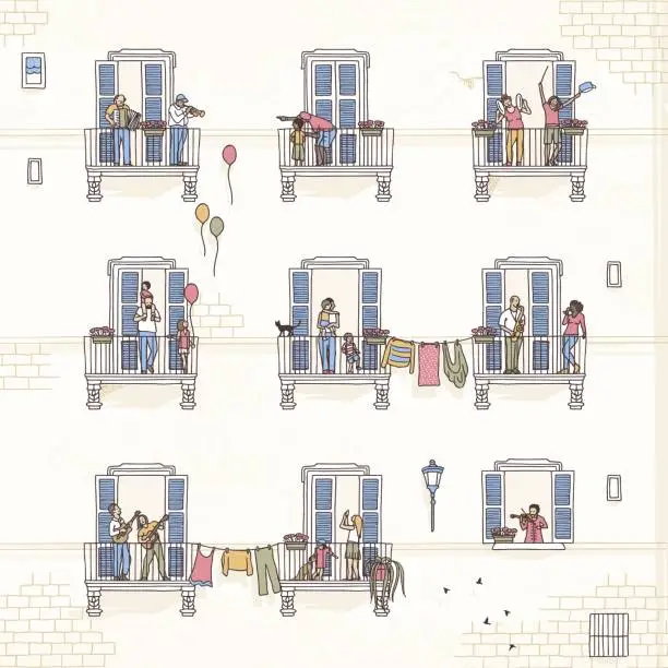 Vector illustration of People at home in quarantine making music from their balconies