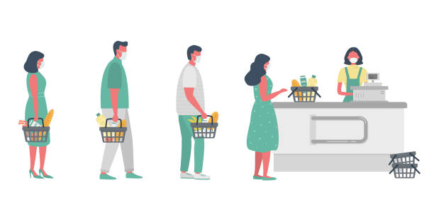 Supermarket during the coronavirus epidemic. Supermarket cashier in medical mask. Buyers wearing antivirus masks keep their distance in line to stay safev Supermarket during the coronavirus epidemic. Supermarket cashier in medical mask. Buyers wearing antivirus masks keep their distance in line to stay safe. People have food baskets in their hands. Vector retail clerk illustrations stock illustrations