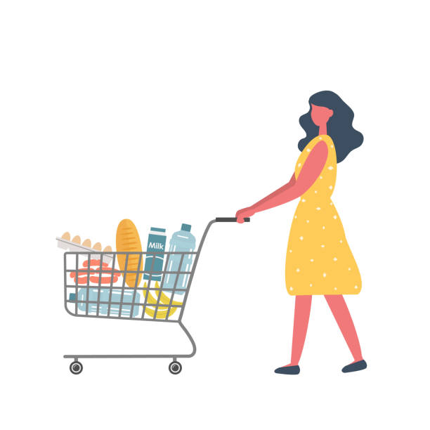 Young woman with shopping cart full of food and drinks Young woman with shopping cart full of food and drinks.There is a bread, bottles of water, a milk, sausage, eggs and other products in the basket. People icon. Vector flat illustration cart illustrations stock illustrations