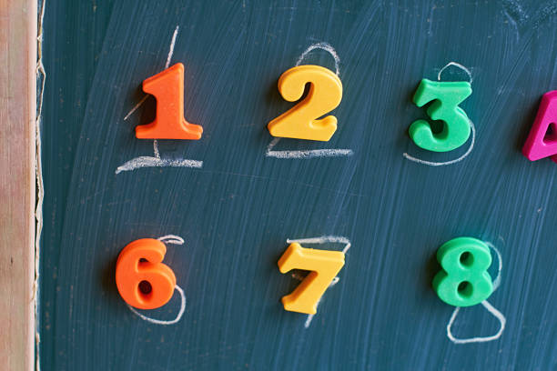 istock Learning numbers on a blackboard with colorful magnets and handwriting on blackboard during homeschooling at quarantine 1217648560