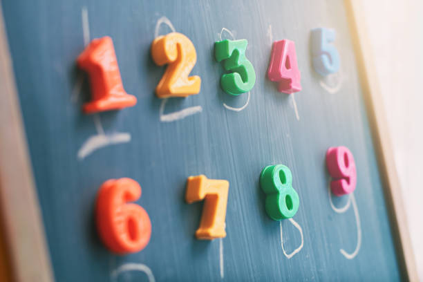 istock Learning numbers on a blackboard with colorful magnets and handwriting on blackboard during homeschooling at quarantine 1217648570