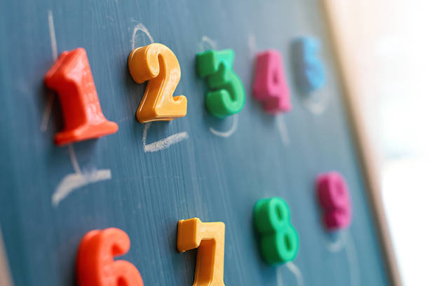istock Learning numbers on a blackboard with colorful magnets and handwriting on blackboard during homeschooling at quarantine 1217649079