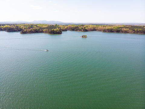 Aerial view of the beautiful Belews Lake, North Carolina on a clear, spring day.