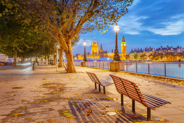 The Queen's Walk promenade with benches along River Thames with the Houses of Parliament in the background in London, England, UK