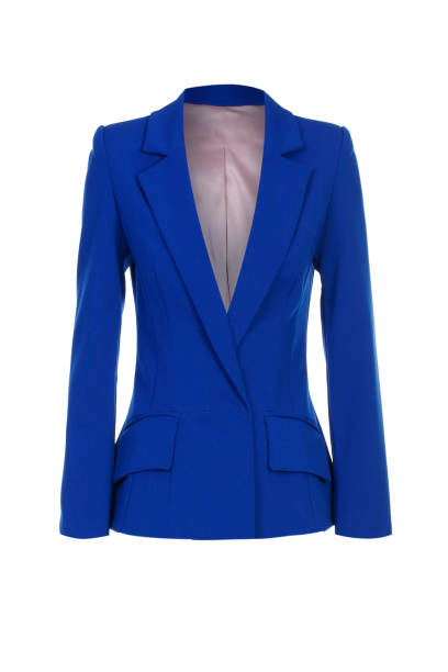 Clothes for females - jacket isolated on white background. Women's blue jacket on white background. blazer jacket stock pictures, royalty-free photos & images