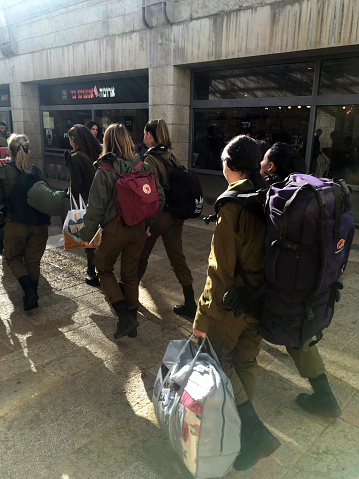 Jerusalem/Israel - December 30 2019: Young girls leaving to peform military service in Israel