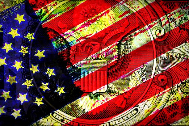 American flag overlay on macro detail from US one dollar bill Abstract American flag overlay on macro detail from US one dollar bill representing financial markets and volatility in stock and commodities market. dollar bill eagle stock pictures, royalty-free photos & images