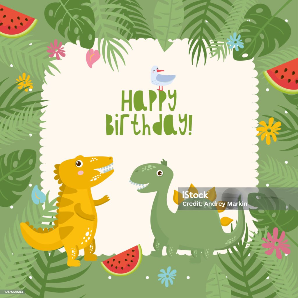 Ilustración de Feliz Cumpleaños Linda Tarjeta De Felicitación Infantil Con Dinosaurios  Marco Con Hojas Tropicales Y Palmas y más Vectores Libres de Derechos de  Animal - iStock