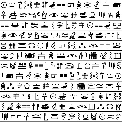 Ancient egyptian hieroglyph seamless pattern. Pharaoh papyrus. Old Egypt culture. Black line design set with historical script icons, text symbols. Ornamental letter art. Vector illustration isolated