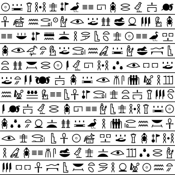 Ancient egyptian hieroglyph seamless pattern. Pharaoh papyrus. Old Egypt culture. Black line design set with historical script icons, text symbols. Ornamental letter art. Vector illustration isolated Ancient egyptian hieroglyph seamless pattern. Pharaoh papyrus. Old Egypt culture. Black line design set with historical script icons, text symbols. Ornamental letter art. Vector illustration isolated hieroglyphics stock illustrations