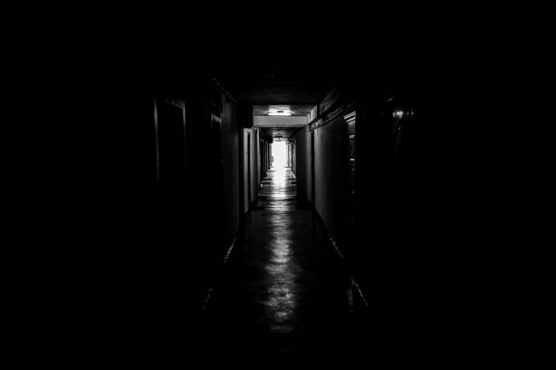 istock Black and white image with a dark mood hallway with apartment doors on each side - the light at the end of the tunnel. 1217655243