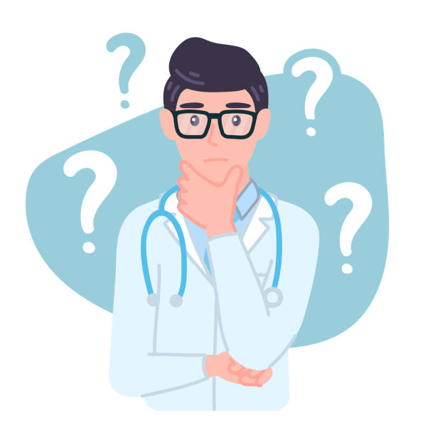 Thinking Doctor. Medical male personage with a curious expression, confused, wonder. Thinking Doctor. Medical male personage in glasses with a curious expression, confused, wonder. Worried character isolated vector illustration in cartoon flat style. cartoon of conclusion stock illustrations