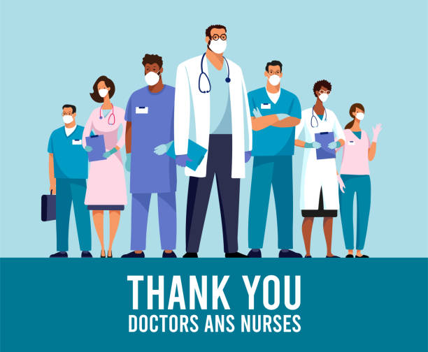 covid-19 바이러스의 확산. 새로운 코로나 바이러스 2019-ncov 포스터 는 의사와 간호사 감사합니다. 코로나 바이러스 전염병 동안 의료 팀에 감사드립니다. 벡터 그림입니다. - 감사합니다 일러스트 stock illustrations
