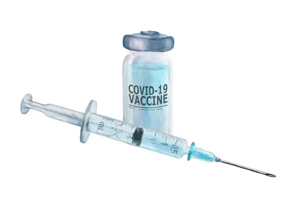 Vector illustration of Watercolor cut plastic medical syringe with glass ampoule vial with coronavirus COVID-19 vaccine